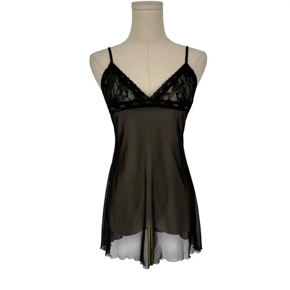 Fredericks of Hollywood Vintage Babydoll Camisole Sheer Lace Trim Slip Black Y2K - Picture 1 of 5